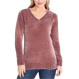 Orvis Women's Chenille Sweater V-Neck Large Burgundy Plum Ribbed Cozy Comfy Chic
